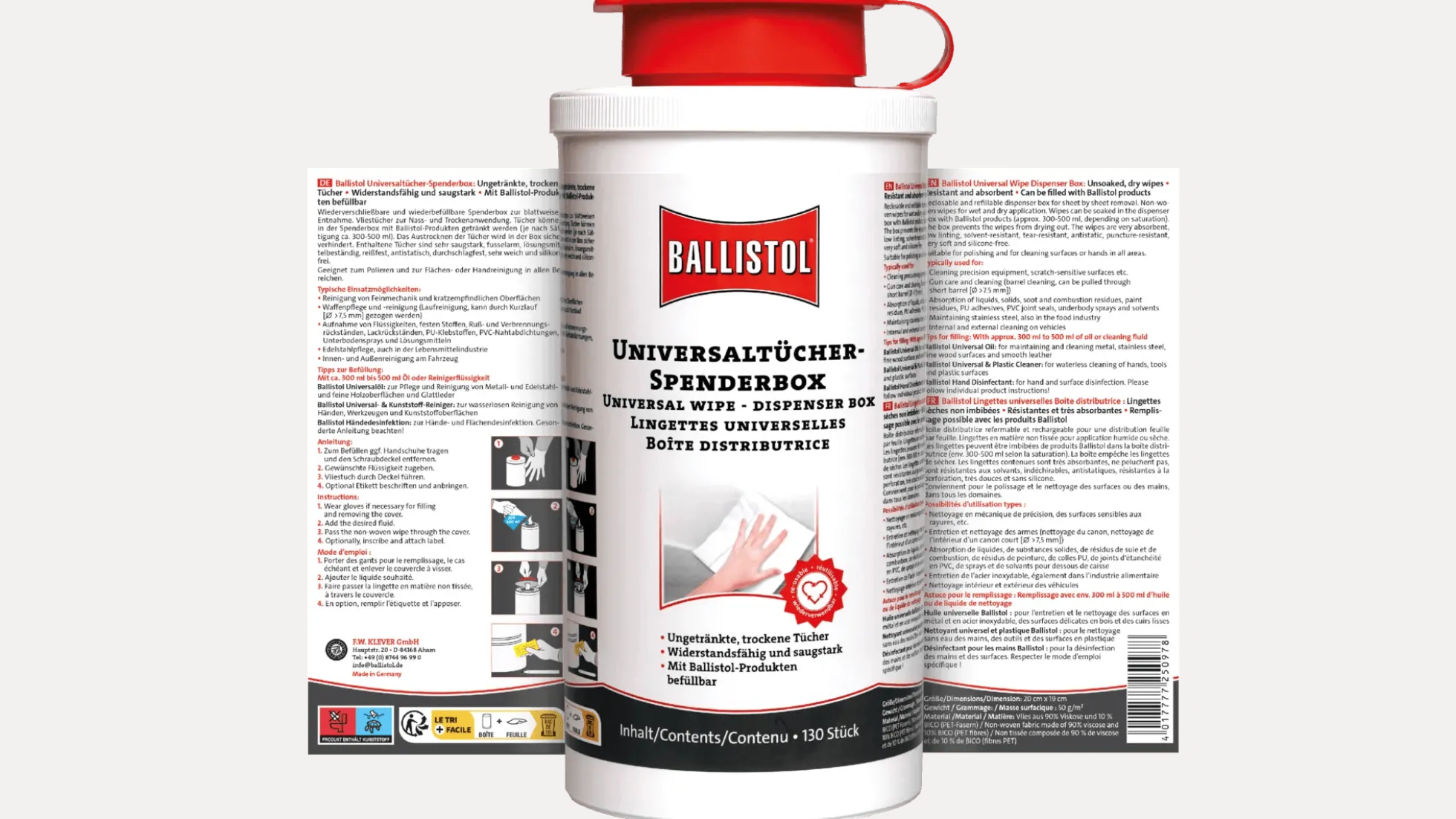 Ballistol Spenderbox mit 130 trockenen Tüchern