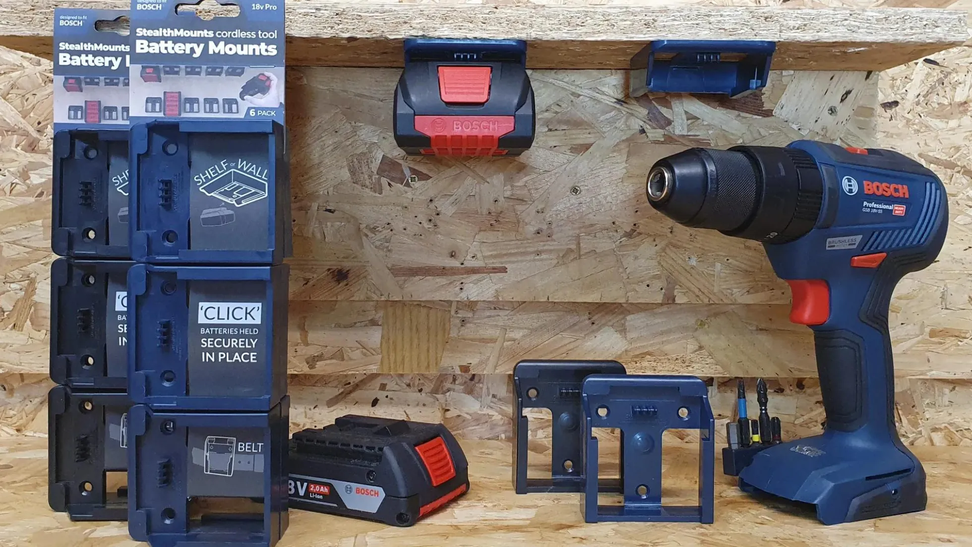 Blaue StealthMounts Akkuhalterungen für Bosch 18V, 6 St.