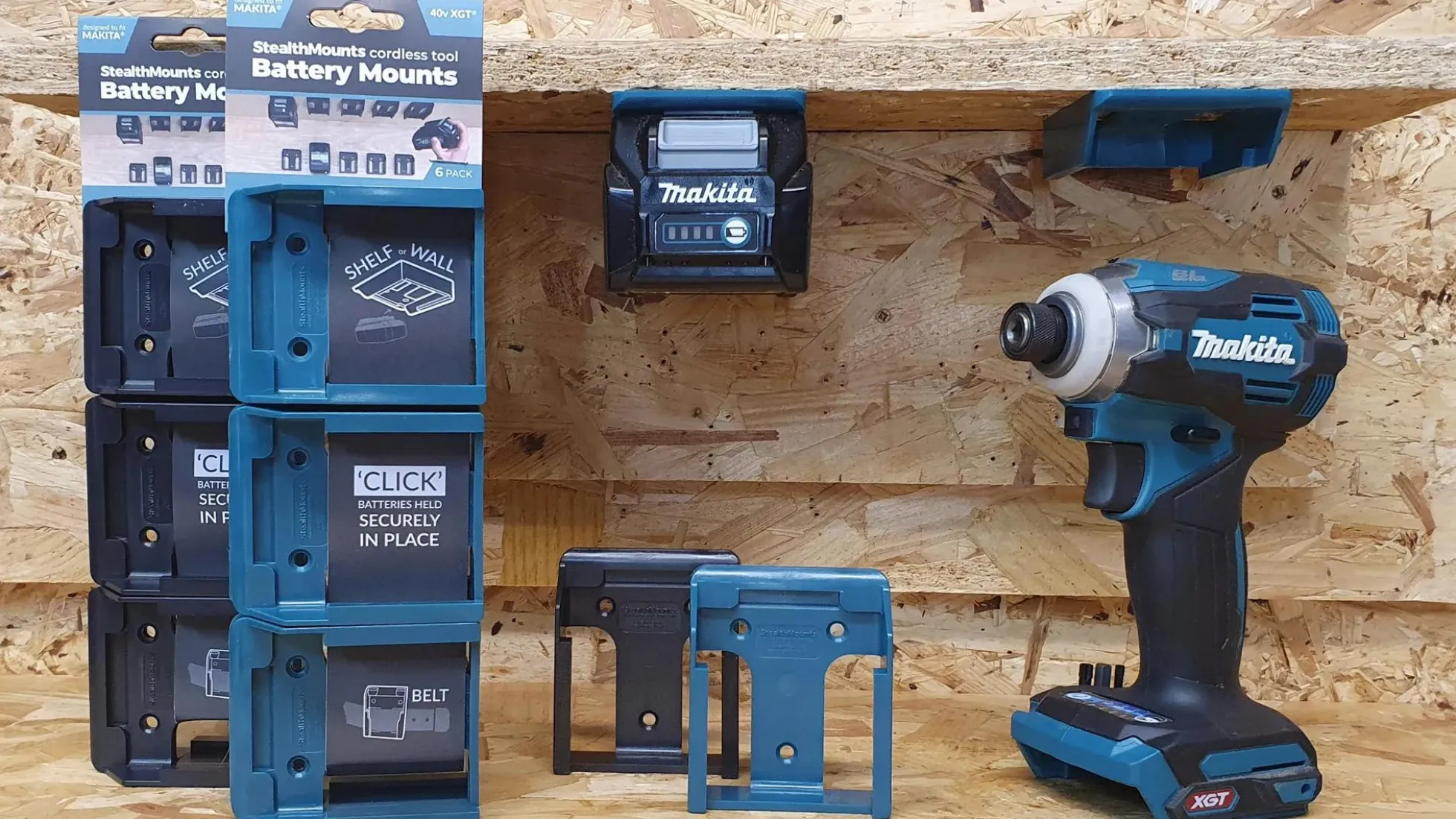 Blaue StealthMounts Akkuhalterungen für Makita 40V XGT, 6 St.
