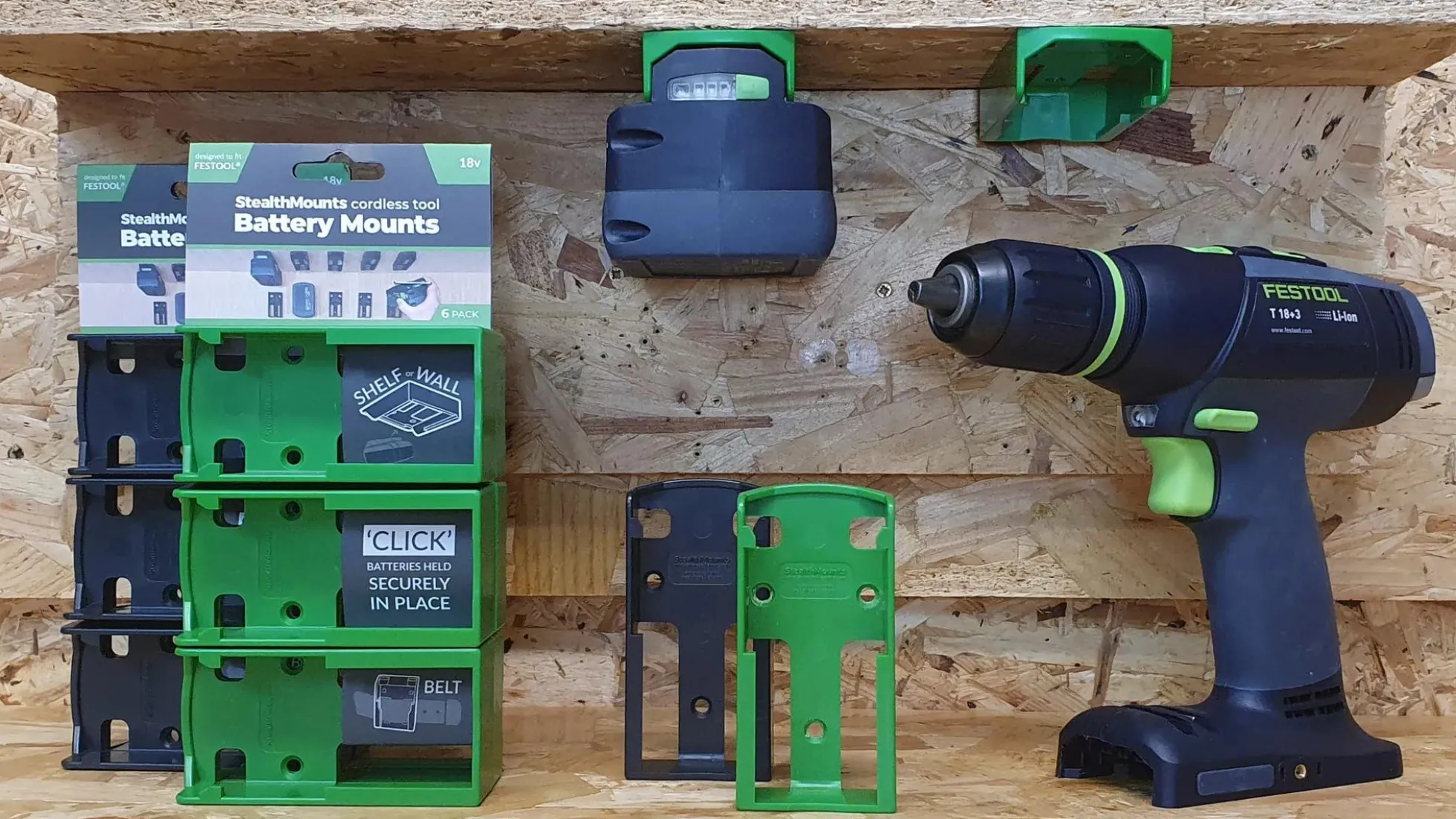 Grüne StealthMounts Akkuhalterungen für Festool 18V, 6 St.