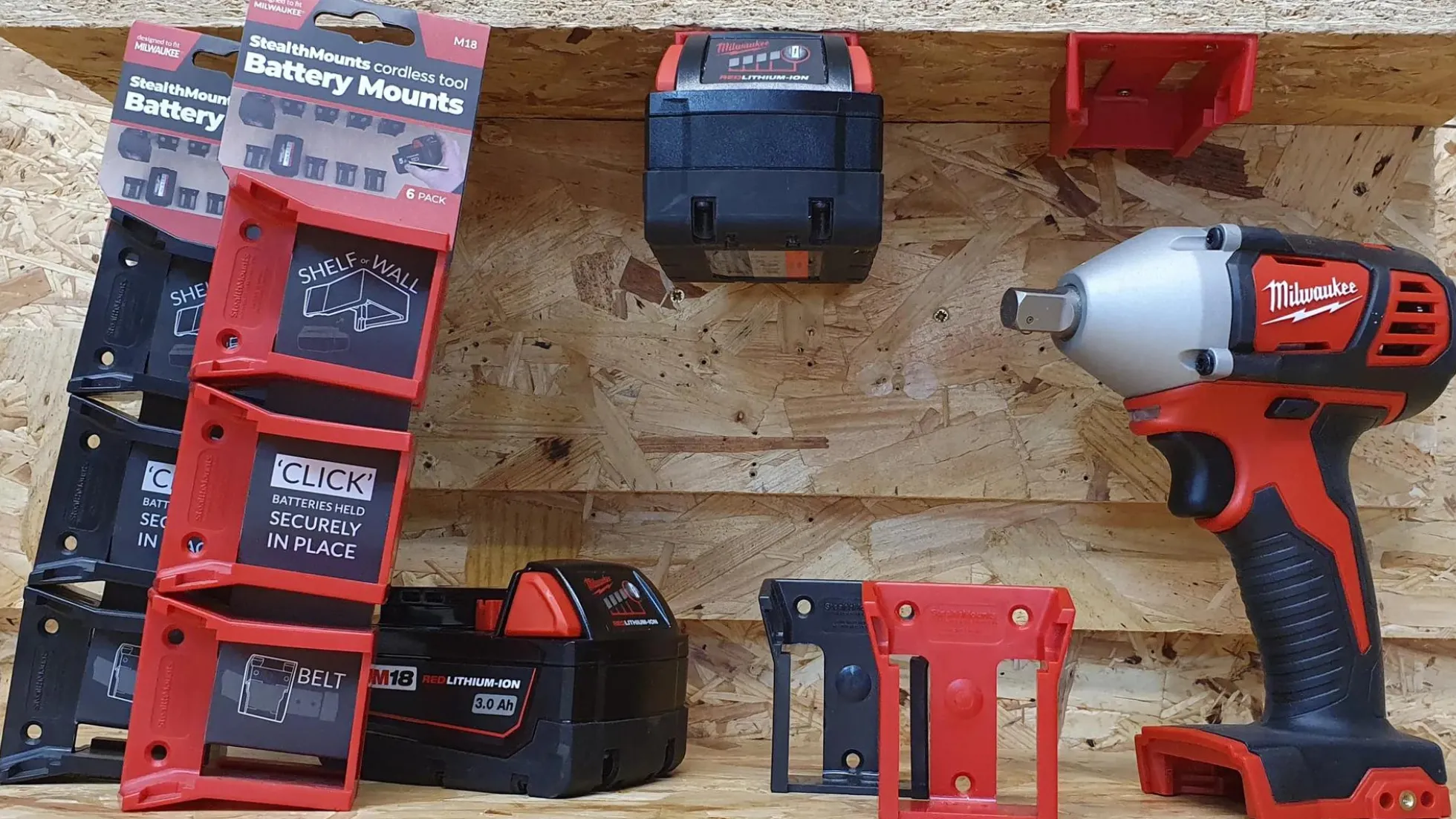 Rote StealthMounts Akkuhalterungen für Milwaukee M18 18V, 6 St.