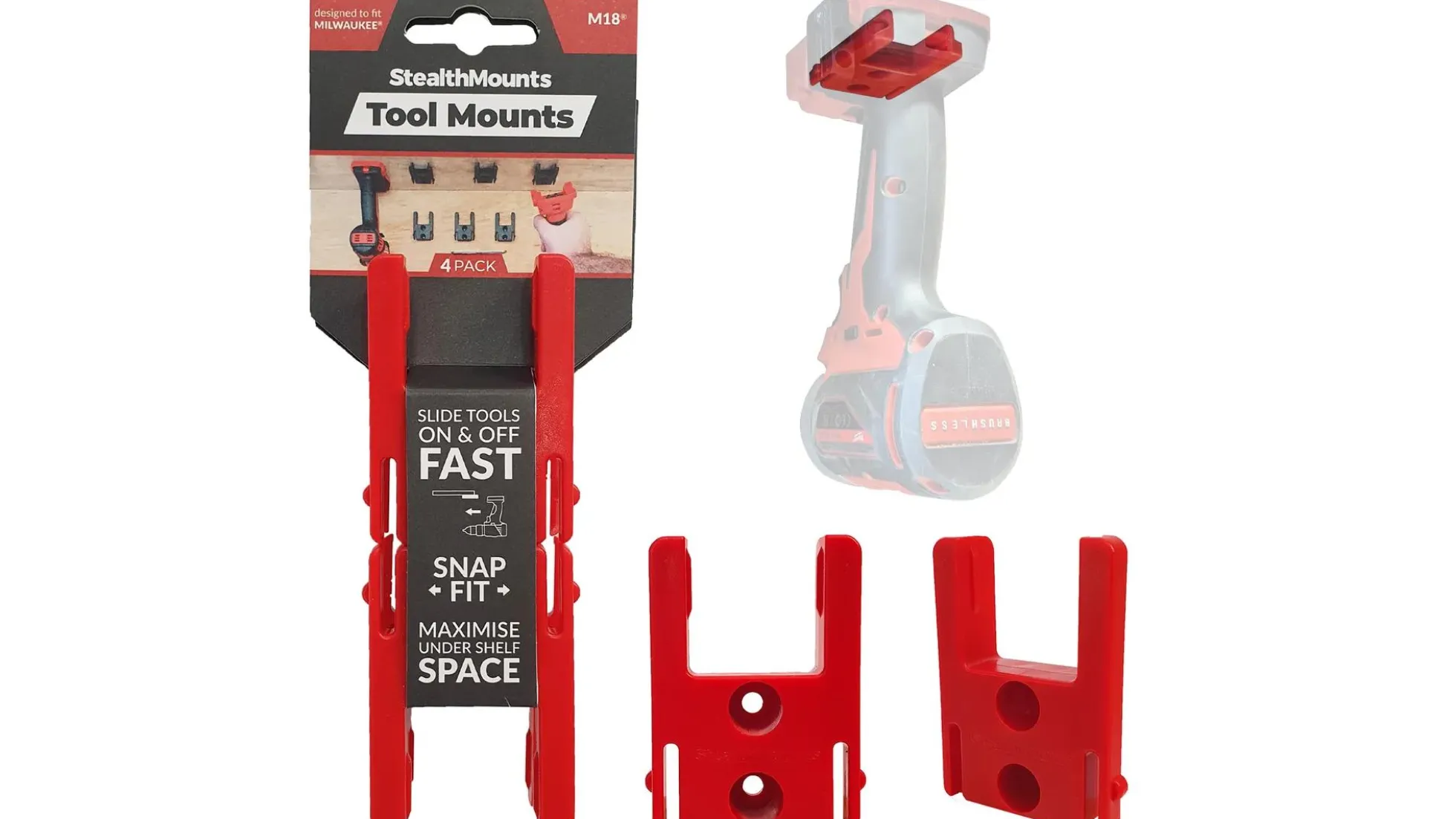 Rote StealthMounts Werkzeughalterungen für Milwaukee M18, 4 St.