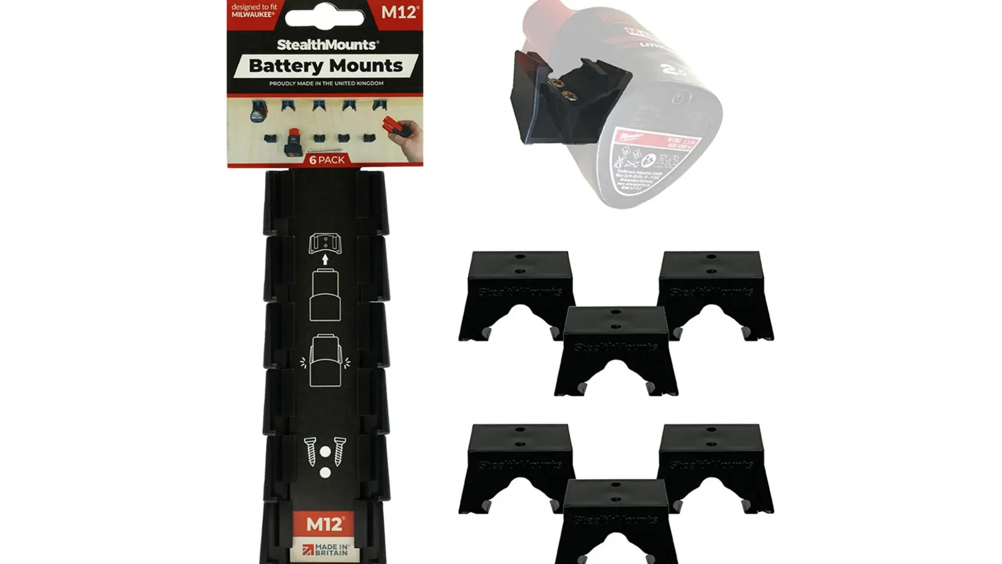 Schwarze StealthMounts Akkuhalterungen für Milwaukee M12, 6 St.