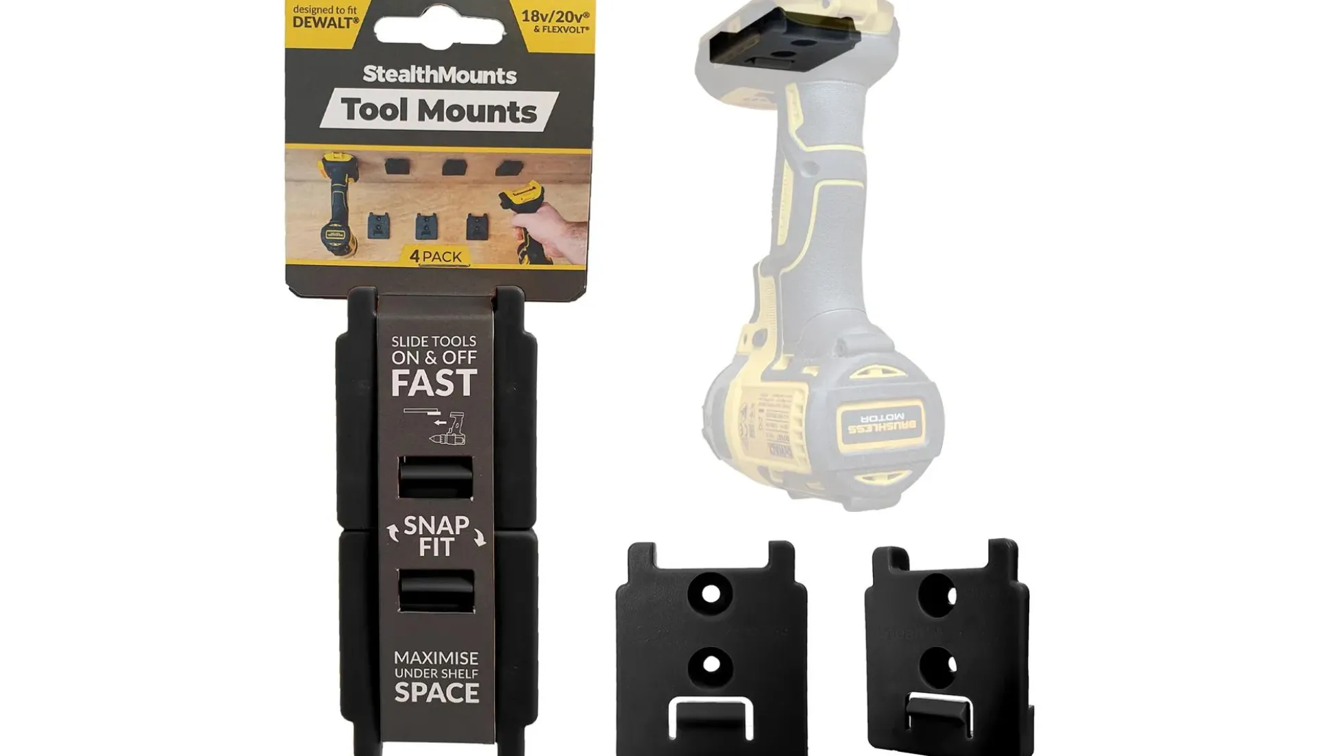 Schwarze StealthMounts Werkzeughalterungen für DeWalt XR, 4 St.
