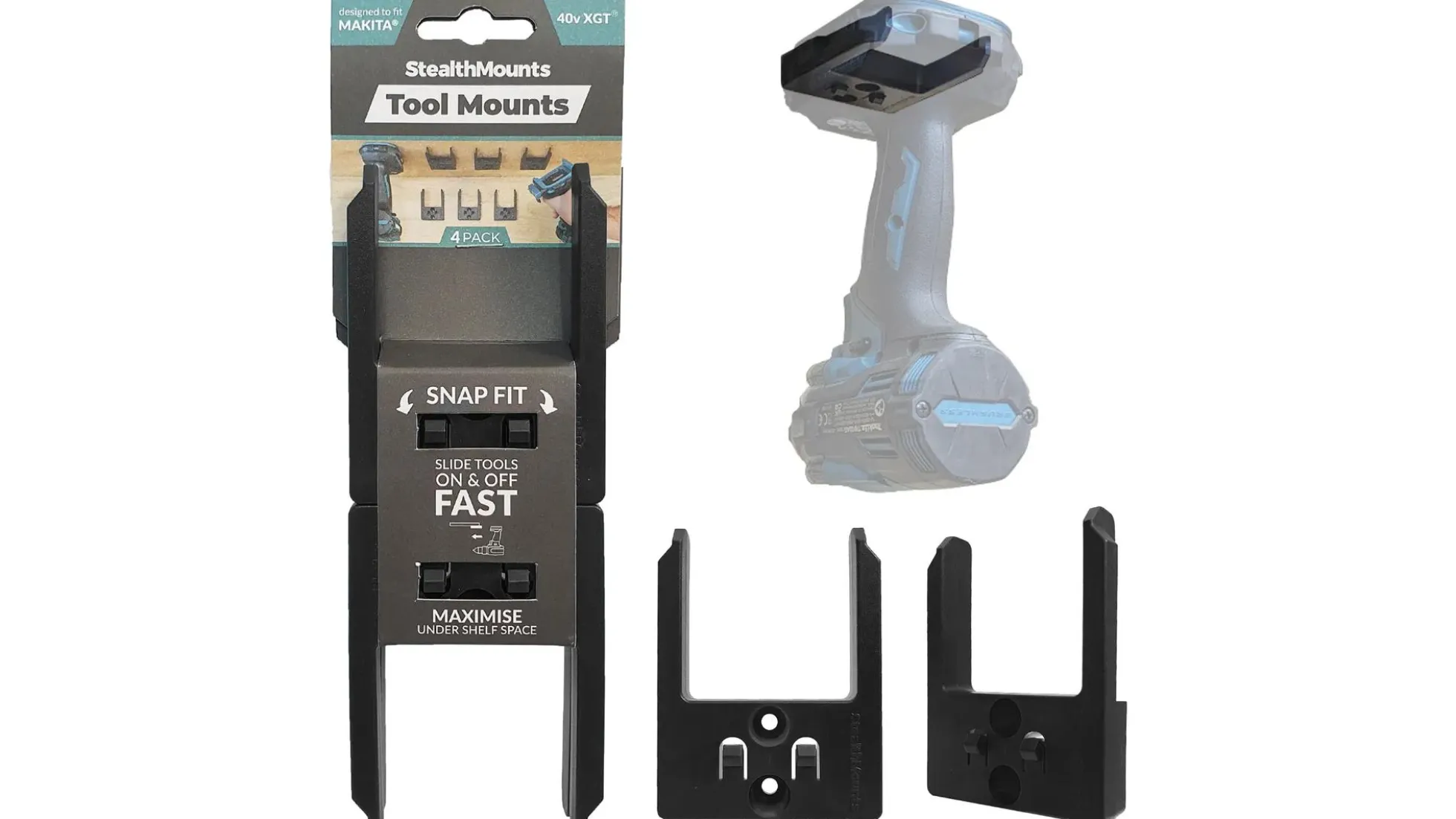 Schwarze StealthMounts Werkzeughalterungen für Makita 40V XGT, 4 St.